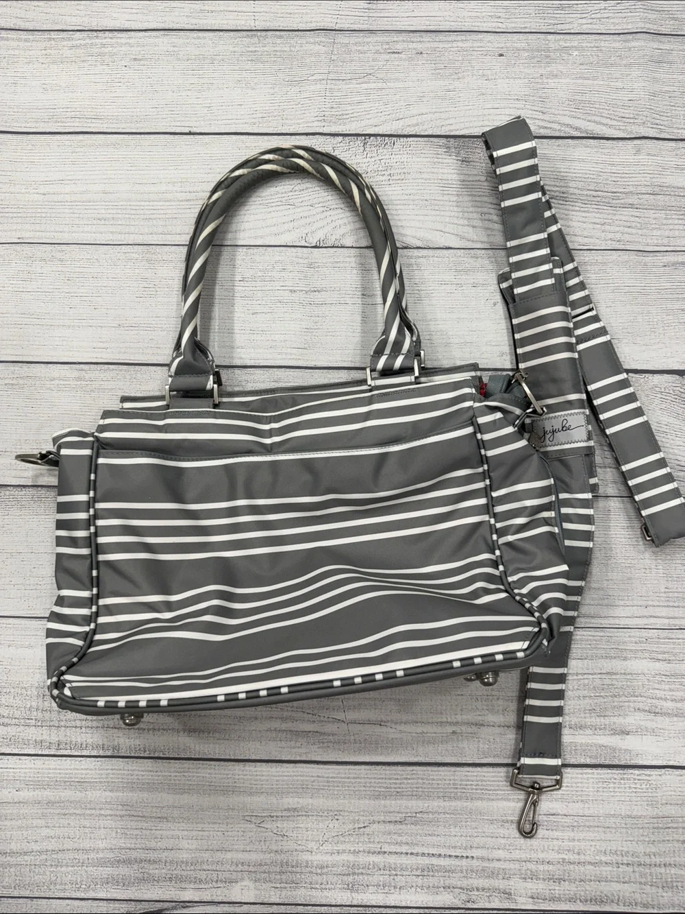 Ju-Ju-Be Gray White Striped Convertible Diaper Bag with Shoulder Strap